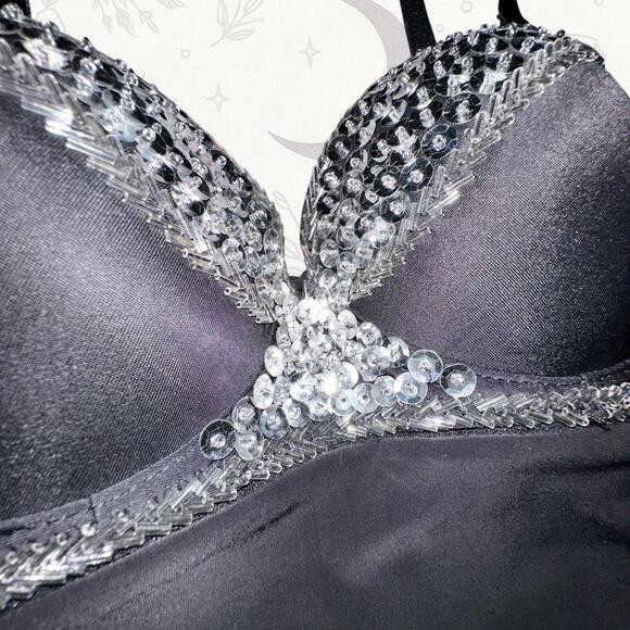 Janice Black Beaded Bodycon Dress Size Medium Y2K Ruched Club Mini Dress - Picture 3 of 7